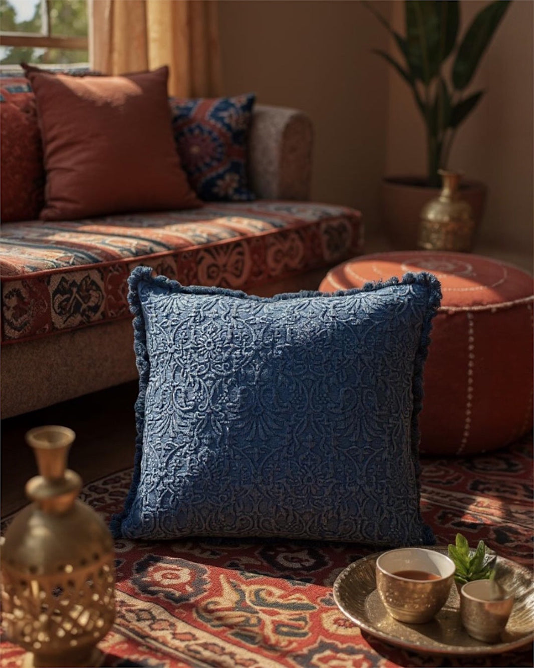 Blue Indigo Matelassé Medallion Throw Pillow - SwagglyLife Home & Fashion